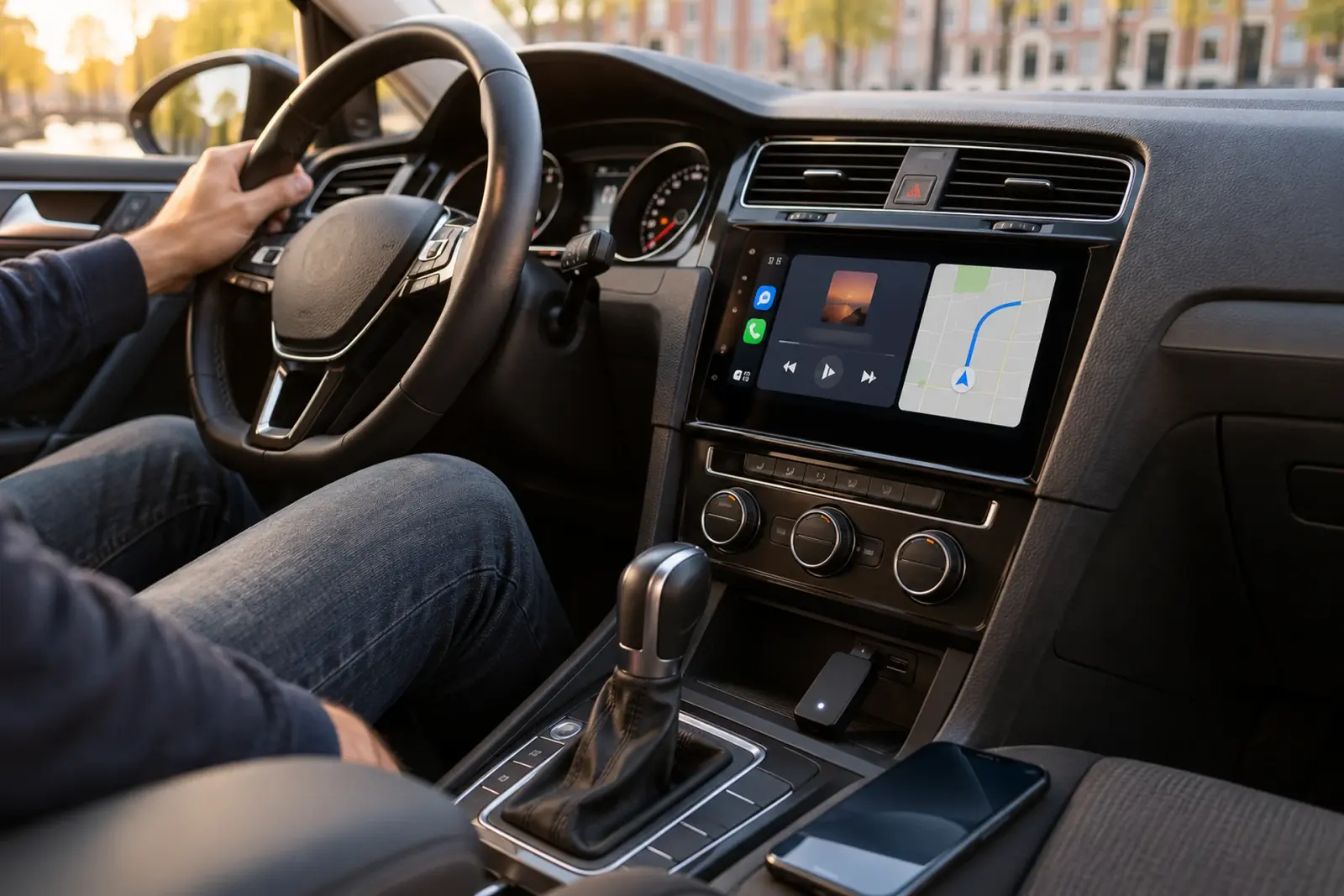 Android Auto op het touchscreen van een Volkswagen van een automobilist uit Oss, de telefoon ligt los in de middenconsole