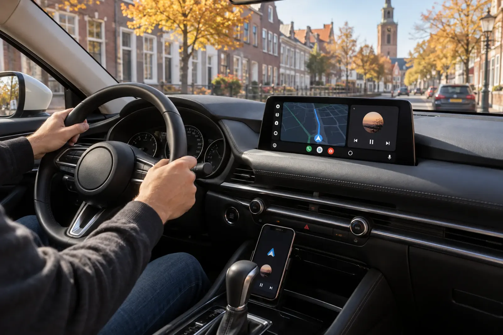 Android Auto bestellen in Oss: bestuurder volgt Google Maps op het brede scherm van een Mazda in een herfstige straat