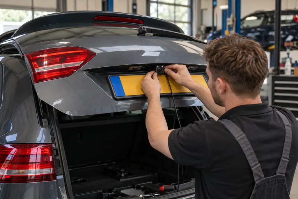 Achteruitrijcamera wordt boven de kentekenplaat van een grijze stationwagen gemonteerd voor een klant uit Oss