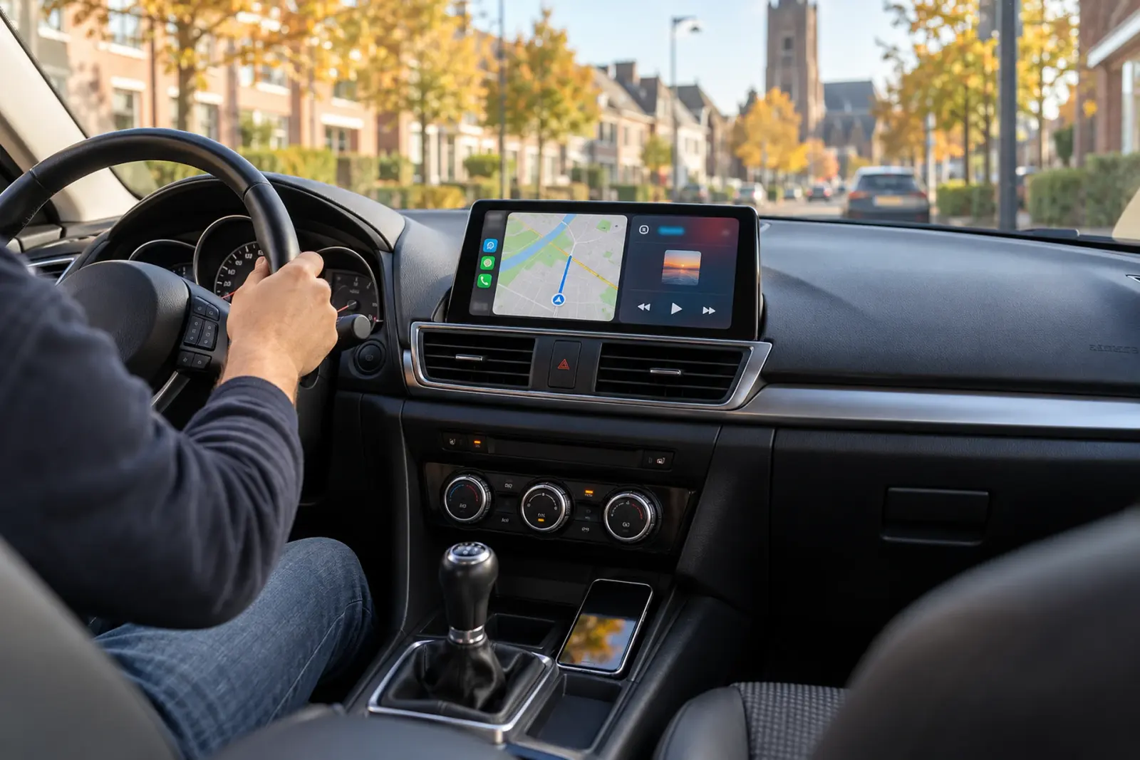 CarPlay bestellen in Oss: bestuurder rijdt met CarPlay-navigatie op het brede touchscreen van een Mazda door een herfstige woonstraat