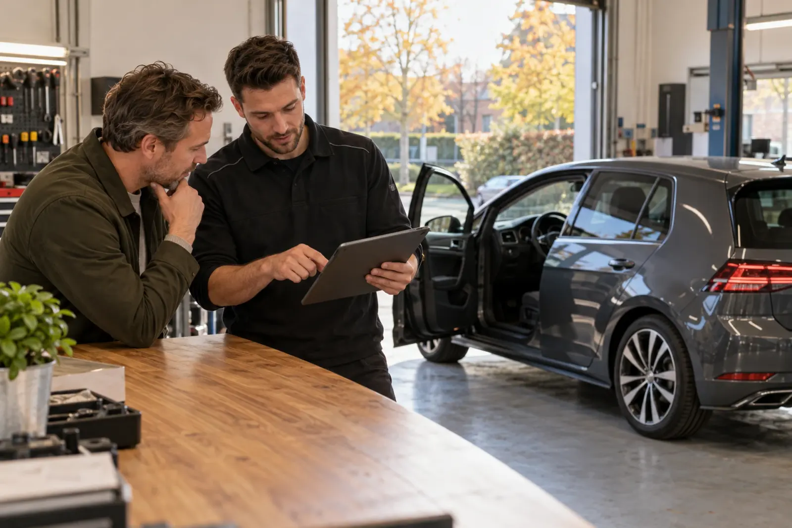 Specialist van de inbouwpartner bespreekt met een klant uit Oss de offerte op een tablet, met een grijze Volkswagen Golf op de achtergrond
