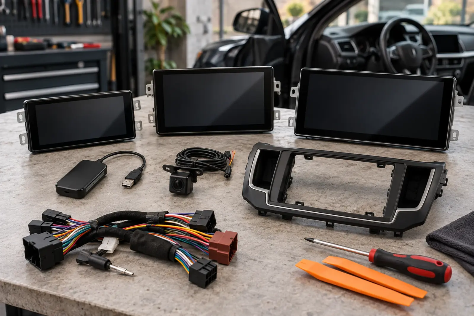 CarPlay prijzen in Oss: drie touchscreens, een draadloze adapter, een achteruitrijcamera en inbouwframes op de werkbank van de inbouwpartner