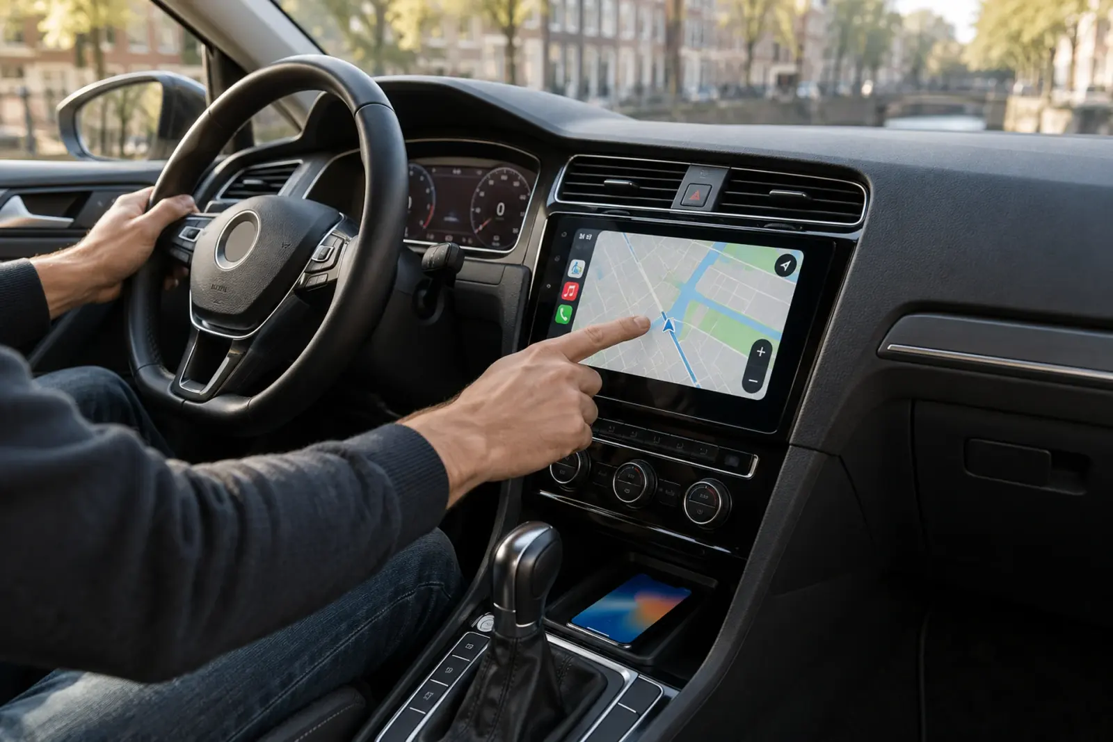 Bestuurder uit Oss tikt een bestemming aan op het CarPlay-scherm van een Volkswagen, met een gracht en herfstbomen buiten