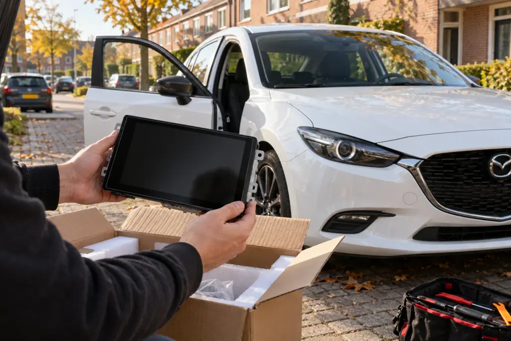 Klant uit Oss pakt op straat een nieuw CarPlay-touchscreen uit naast een witte Mazda 3