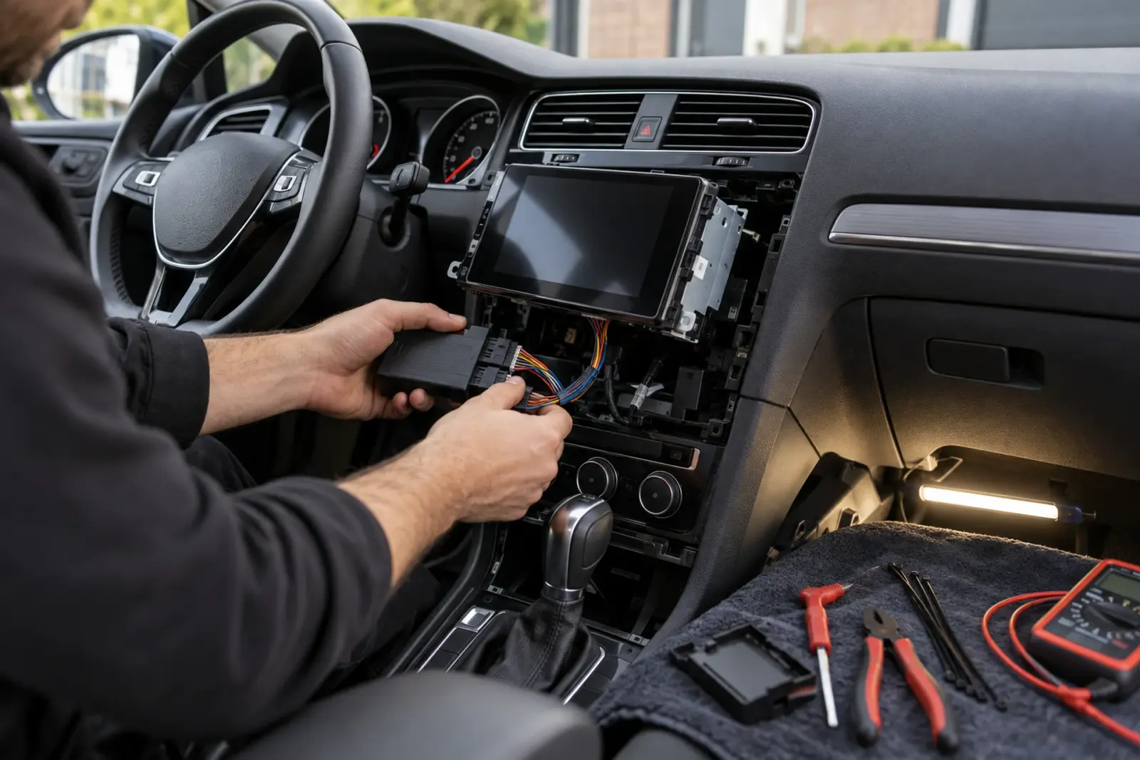 Monteur sluit de kabelboom en de CAN-bus-interface aan achter het dashboard van een Volkswagen van een klant uit Oss