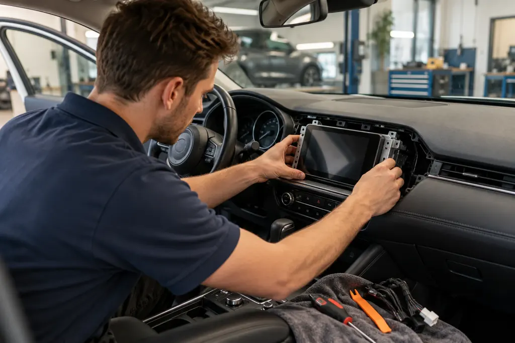 Monteur schuift een CarPlay-touchscreen in het dashboard van een auto in de werkplaats van de inbouwpartner in regio Oss