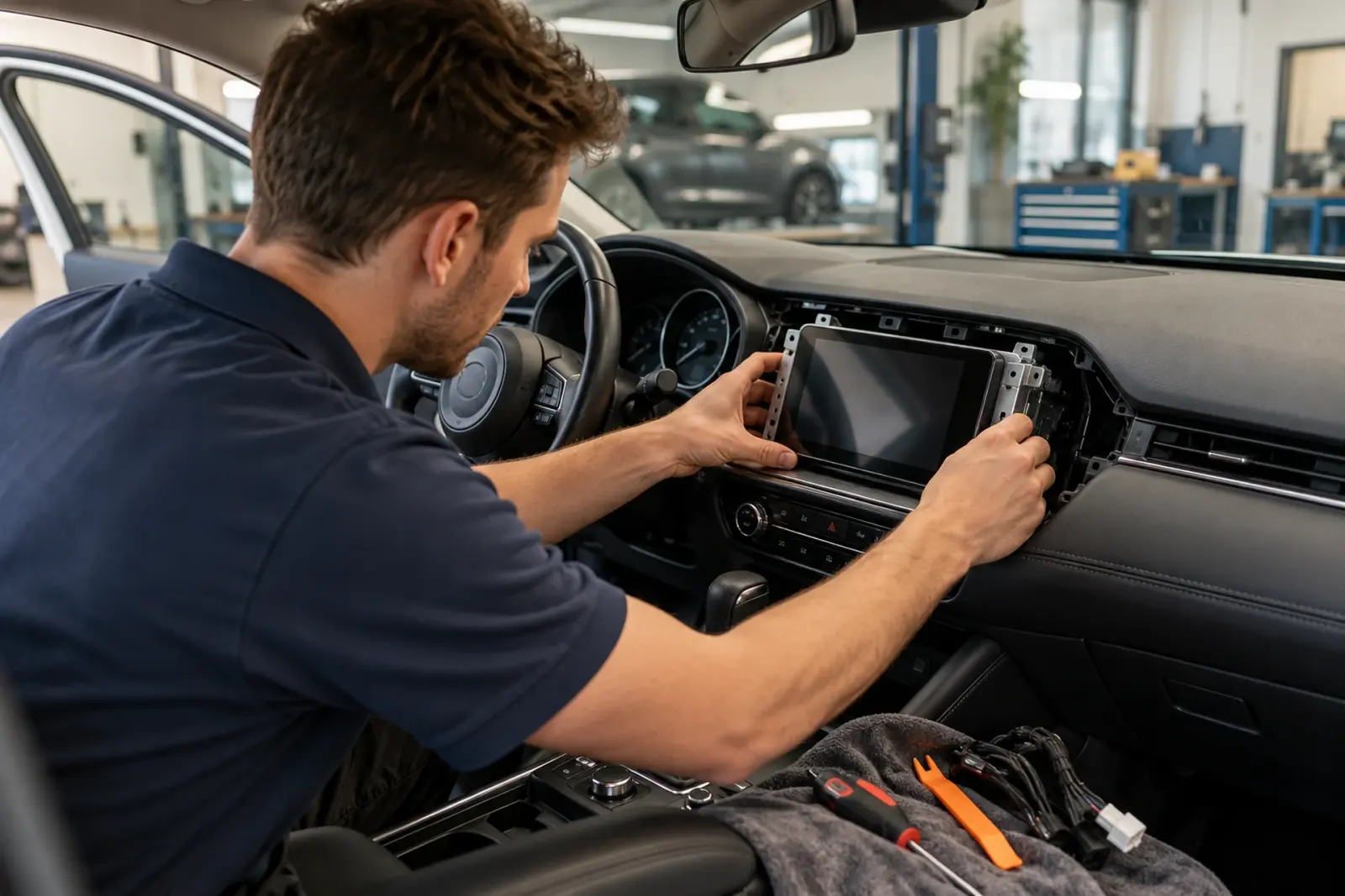 CarPlay scherm inbouwen in Oss: monteur plaatst het touchscreen in het dashboard in de werkplaats van de inbouwpartner